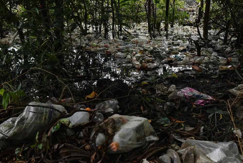 Longgokan sampah terutama botol-botol plastik yang bertakung berhampiran jeti nelayan di Kampung Binjai, Bayan Lepas di sini. Foto Bernama