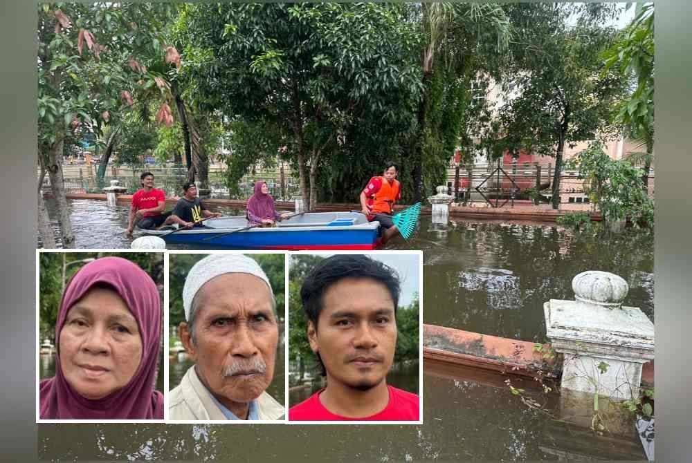 Penduduk dari Kampung Kelaboran keluar dari kawasan banjir menggunakan bot. Gambar kecil: Mariam, Yahya, Ismail
