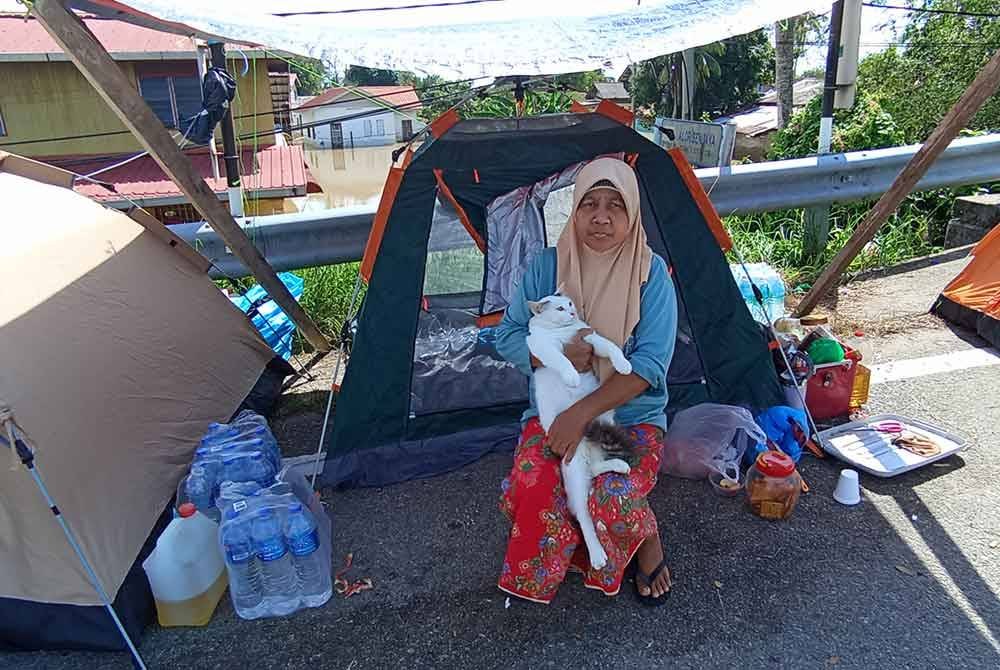 Aripiah menunjukkan kucing yang turut dibawa keluarganya selepas rumah ditenggelami air di Kampung Alor Senjaya.