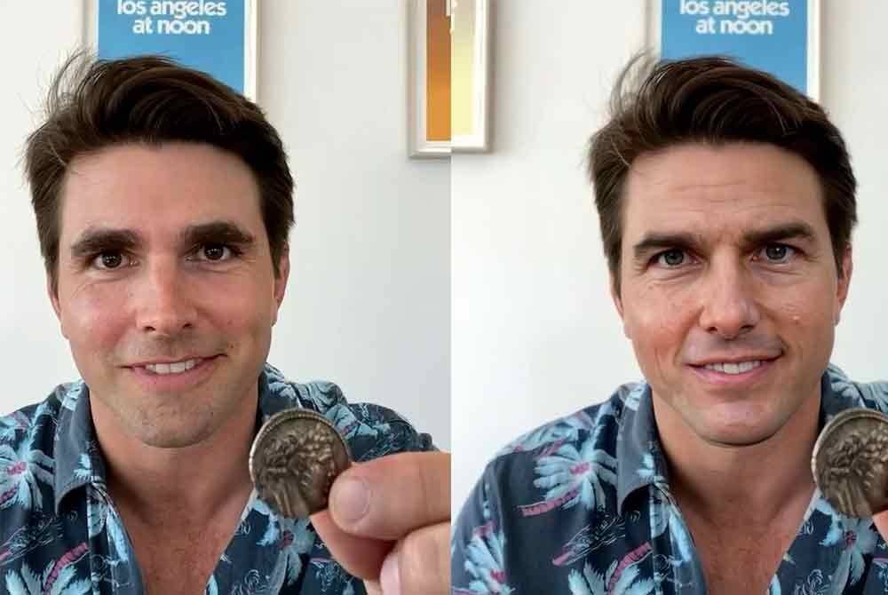 Seorang lelaki meniru muka pelakon Hollywood, Tom Cruise menerusi teknik 'deepfake'. - Agensi