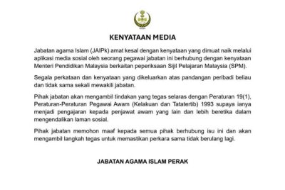 Kenyataan yang dikongsikan JAIPk mengenai tindakan tatatertib ke atas seorang pegawainya.