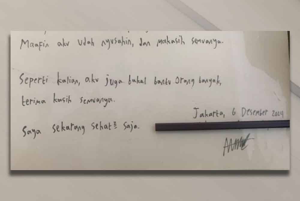 Isi surat remaja berkenaan. Foto Agensi