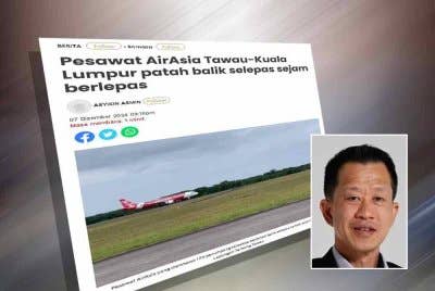 Laporan Sinar harian berkaitan pesawat AirAsia Tawau-Kuala Lumpur patah balik. Gambar kecil: Chester Voo