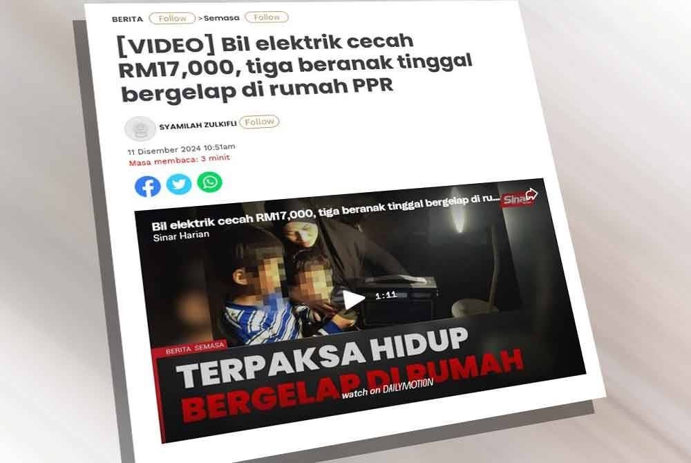 Laporan Sinar Harian berkaitan tiga beranak tinggal bergelap di PPR.