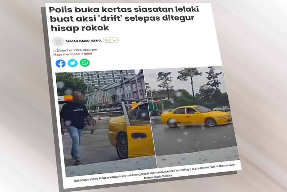 Laporan Sinar Harian pada Rabu mengenai seorang lelaki yang memiliki 34 rekod jenayah lampau ditahan kerana disyaki memandu secara berbahaya di kawasan stesen minyak di Damansara Damai.