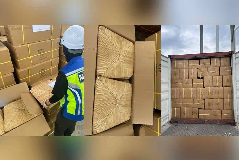 Pegawai Maqis memeriksa kontena mengandungi produk kayu dari China tanpa permit import cuba dibawa masuk melalui Pelabuhan Pasir Gudang. Foto Maqis