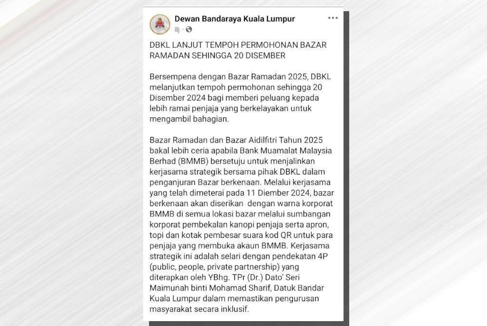 Tangkap layar kenyataan DBKL di laman Facebooknya.