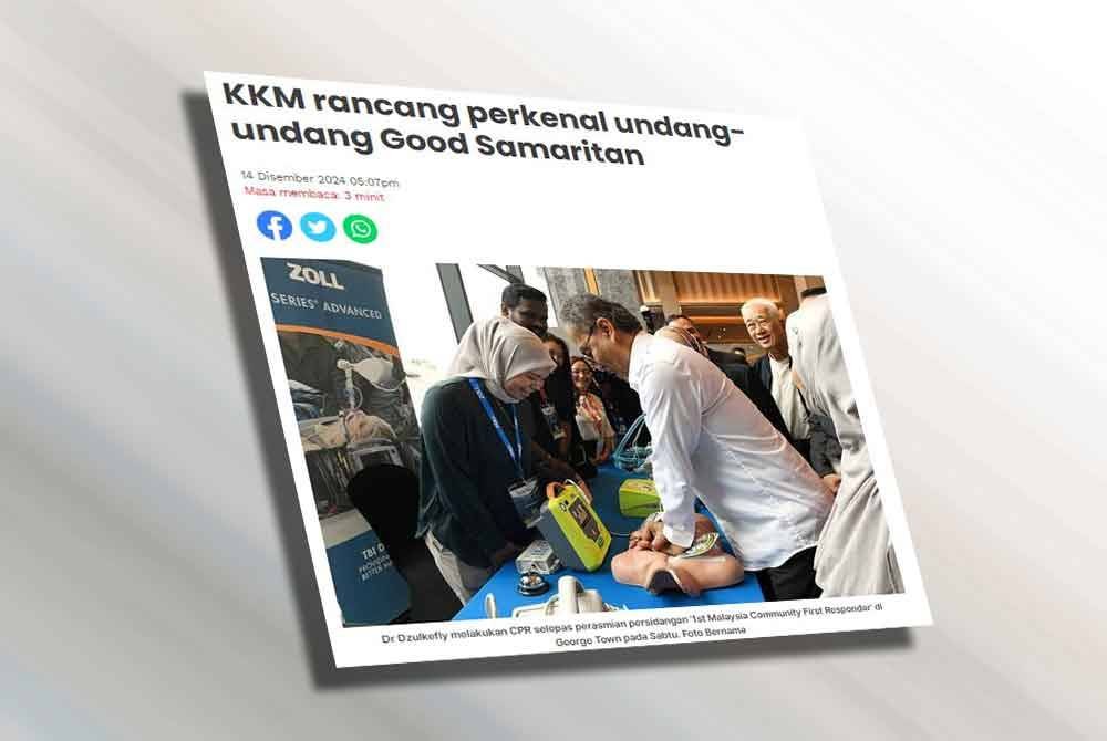 Kementerian Kesihatan Malaysia (KKM) merancang untuk memperkenalkan Undang-undang 'Good Samaritan', yang merupakan perlindungan undang-undang bagi menggalakkan individu membantu orang lain dalam situasi kecemasan tanpa rasa takut akan akibat tindakan undang-undang, seperti disaman kerana kecederaan yang tidak disengajakan semasa membantu.