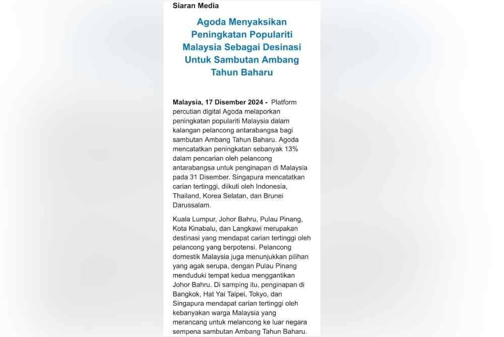 Kenyataan media Agoda pada Selasa.