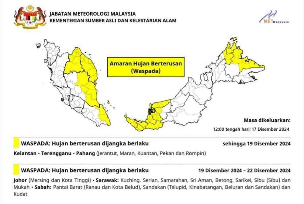 Amaran hujan berterusan tahap waspada di enam negeri yang dikeluarkan MetMalaysia pada Selasa.