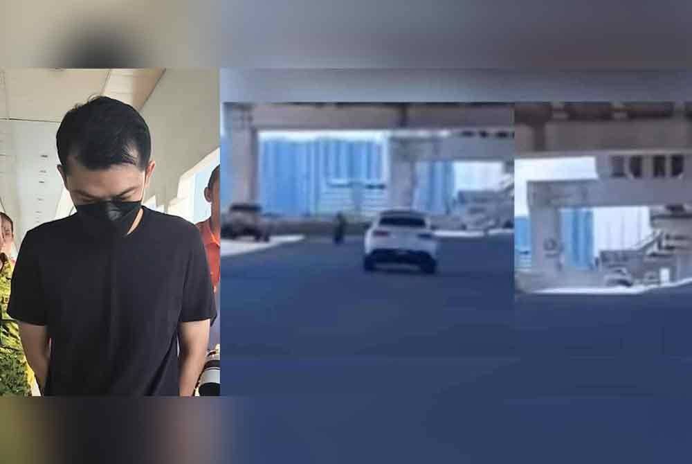 Kah Fei (kiri) dibawa ke Mahkamah Majistret Kuala Lumpur pada Rabu. Video tular (kanan) memaparkan kemalangan penunggang motosikal dan sebuah kereta.