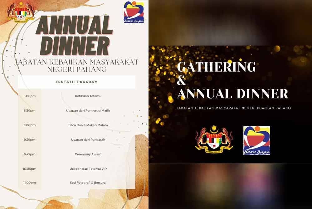 Aturacara 'Gathering & Annual Dinner' menggunakan nama dan logo JKM Pahang yang tular melalui hantaran WhatsApp baru-baru ini. Foto FB JKM Pahang