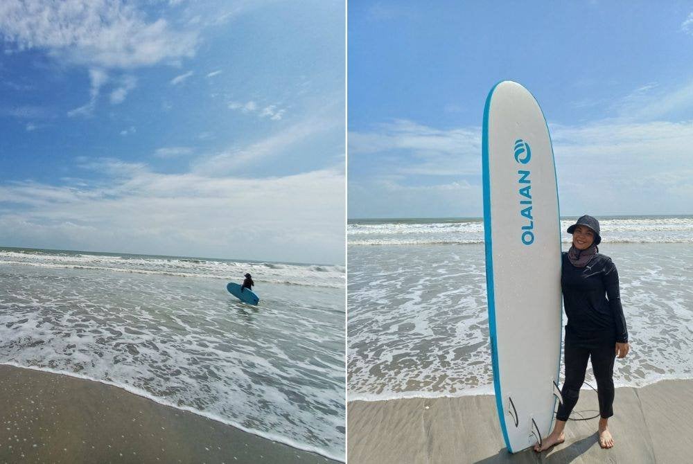 Siti Farahanim membawa papan luncur ke tengah laut bagi membolehkan bermain di atas ombak di Pantai Pelindung pada Ahad. Gambar kanan: Siti Farahanim bersama papan luncurnya ketika ditemui Sinar Harian di Pantai Pelindung pada Ahad.