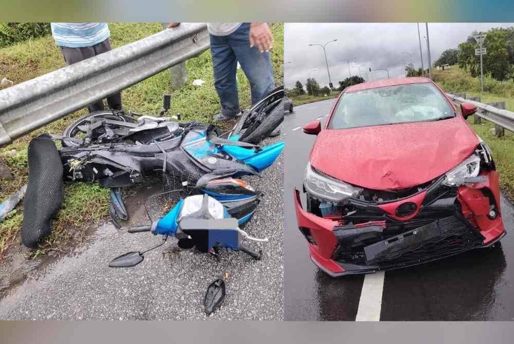 Keadaan motosikal dan kereta yang terlibat dalam kemalangan berkenaan. - Foto: IPD Kota Tinggi