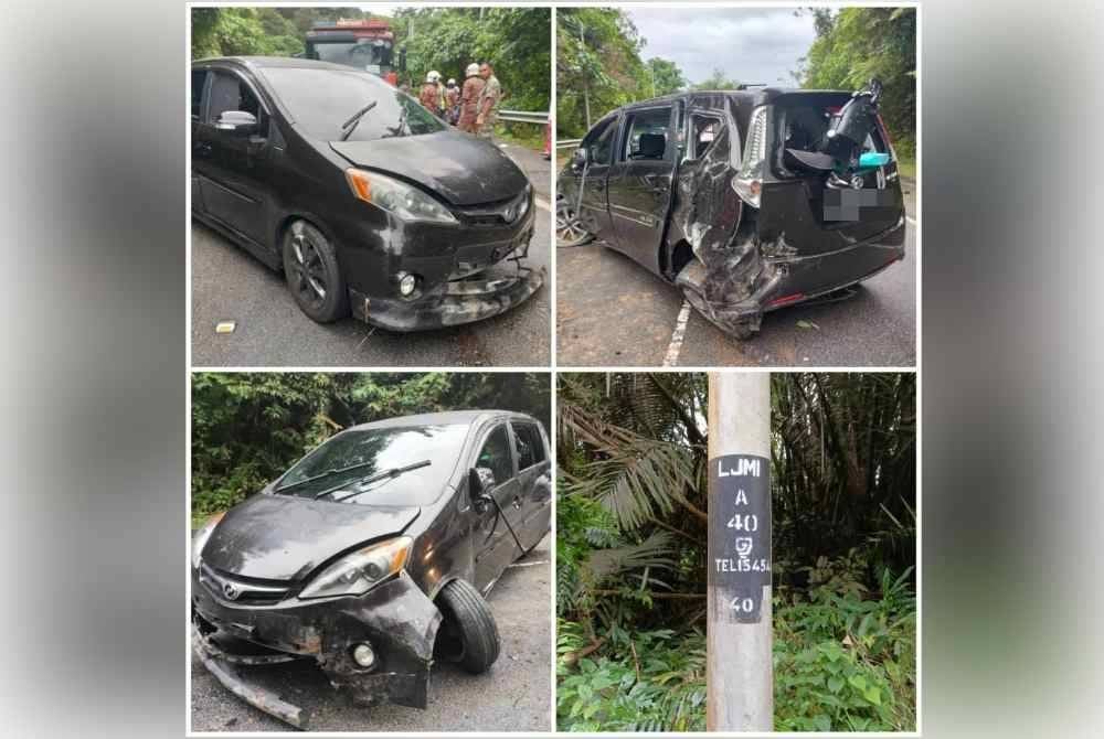Keadaan kenderaan mangsa selepas terbabas ke bahu jalan.