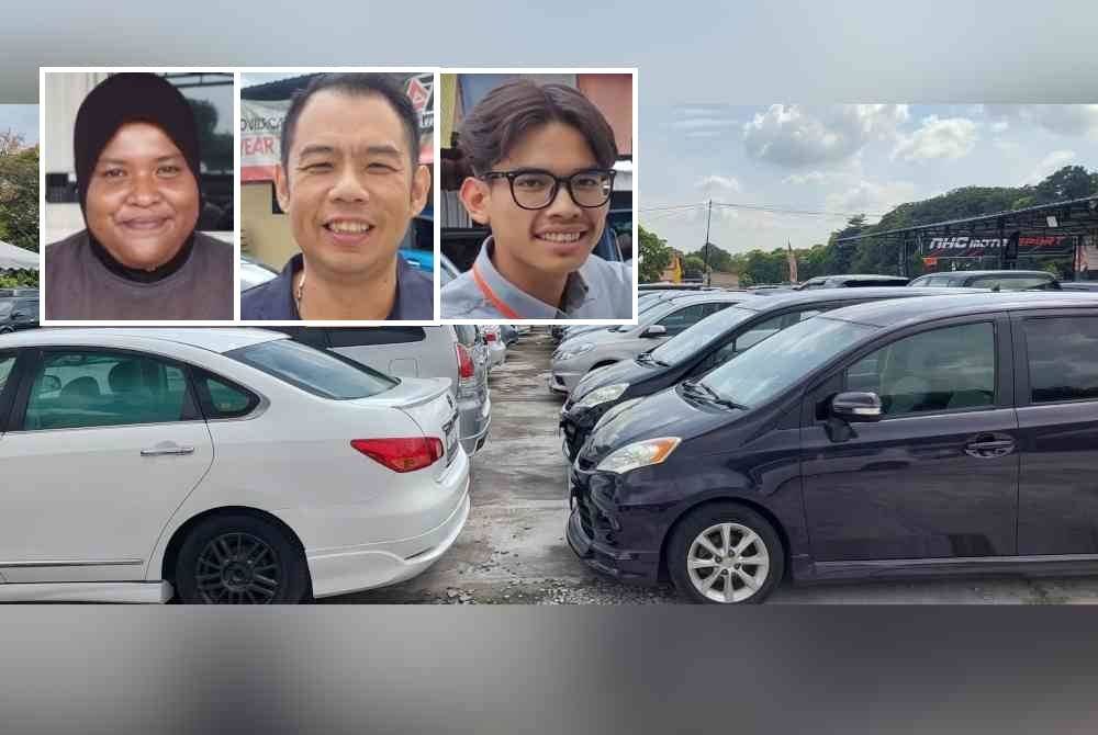 Kereta terpakai yang dijual di Mudah Automall Sdn Bhd, Seksyen 25 Shah Alam. Gambar kecil: Siti Syahfadila, Boon Kheng dan Alief Irfan.