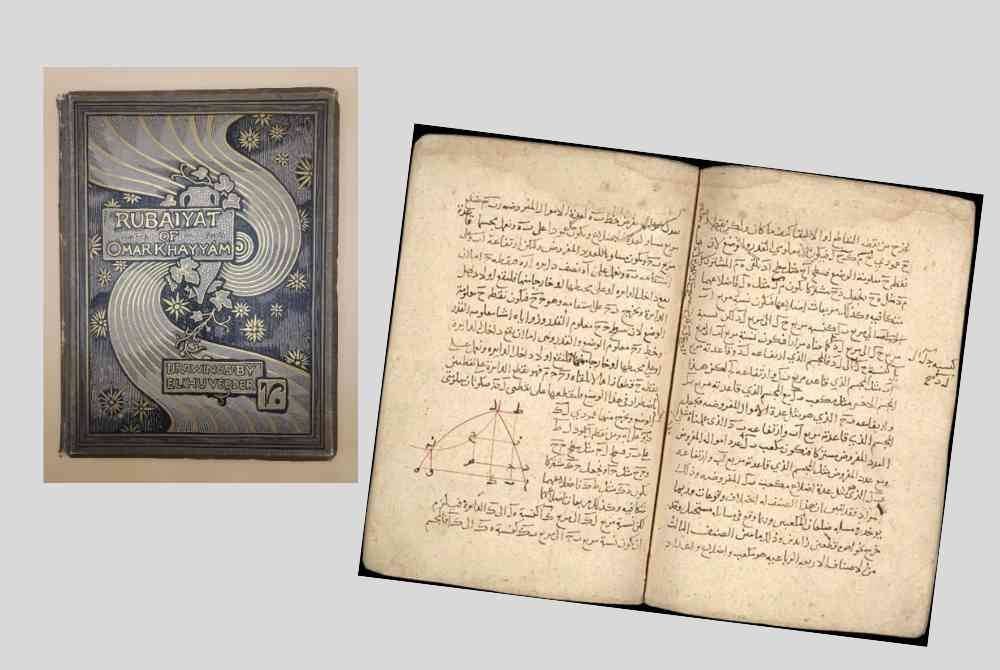 DARI kiri, karya antologi puisi Omar Khayyam, Rubaiyat Omar Khayyam diulang cetak dan diterjemahkan dalam pelbagai bahasa yang menjadi kekaguman ramai. Gambar kanan pula ialah kitab Maqalat fi al-Jabr wa al-Muqabila (kanan) yang dikatakan ditulis oleh Omar Khayyam antara tahun 1070-1079 Masihi.