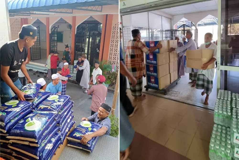 Jemaah Masjid Jamek Beseri bersama-sama mengangkat dan menyusun Bakul Rezeki yang akan disumbangkan kepada asnaf.
