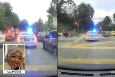 Tangkap layar video 'dashcam' di TikTok menunjukkan polis peronda mengiringi Alya sewaktu jalan raya sesak.