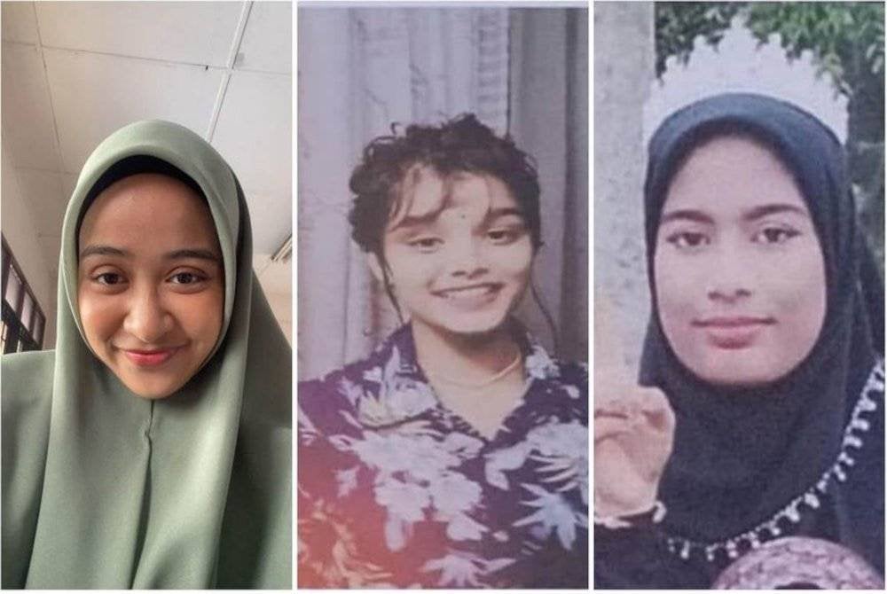 Dari kiri, Nurul Syuhada, Ashwinia dan Shomina yang dilaporkan hilang sejak Oktober dan Disember tahun lepas. FotoPDRM Perak