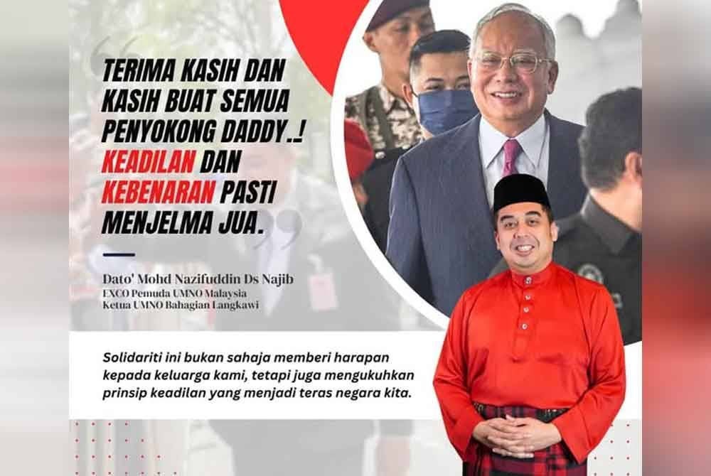 Nazifuddin menerusi kenyataan di Facebook miliknya mengucapkan terima kasih atas sokongan padu yang diberikan dalam usaha menegakkan kebenaran dan keadilan untuk ayahandanya. Foto Facebook Nazif Najib