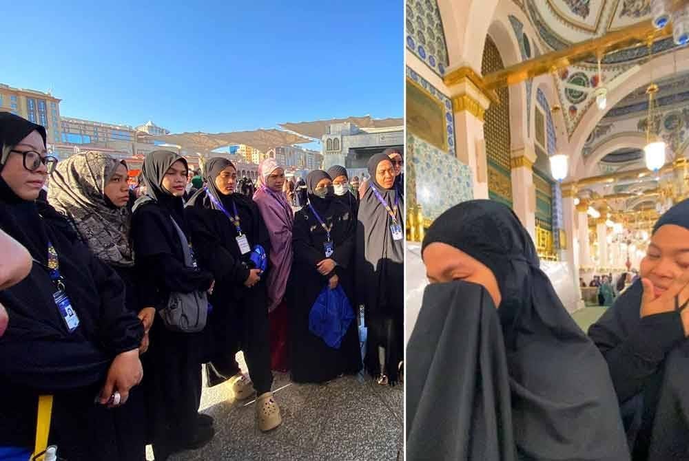 Peserta Program Umrah Percuma Anak Muda Jati Kelantan anjuran Andalusia Travel & Tours Sdn Bhd dengan kerjasama Masjid Imanul Fa'izin mendengar taklimat daripada pengiring sebelum masuk ke Raudah. Gambar kanan: Nur Fatihah (kiri) tidak dapat menahan sebak apabila dapat melangkah ke Raudah dan melihat makam Rasulullah S.A.W lebih dekat.