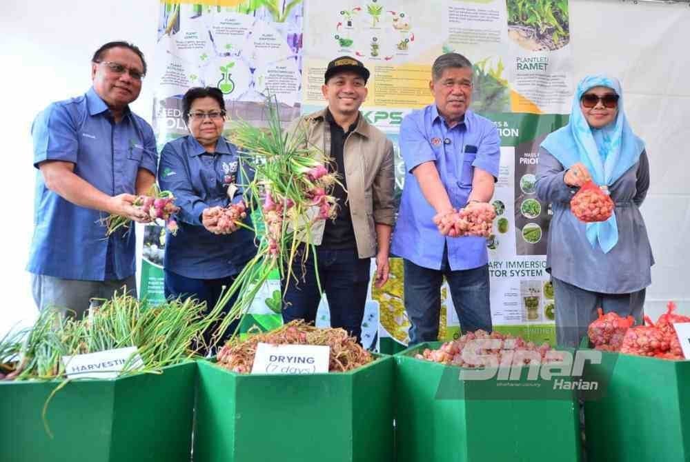 Mohamad (dua dari kanan) menunjukkan bawang yang telah dituai semasa Lawatan ke Projek Tanaman Bawang Rose Ehsan PKPS di sini pada Sabtu. FOTO SINAR HARIAN-ASRIL ASWANDI SHUKOR