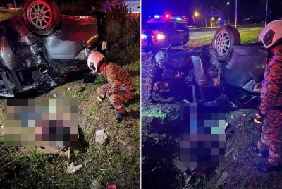 Keadaan di lokasi kemalangan kereta terbabas di Jalan Utama Taman, Rimba Templer di sini, pada Sabtu.