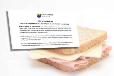 Kenyataan dikeluarkan oleh pihak UM (gambar kecil), Universiti Malaya (UM) menutup dua premis jualan runcit 24 jam serta-merta berikutan dakwaan penemuan produk pek sandwic yang diragui halal. (Foto hiasan) 123rf