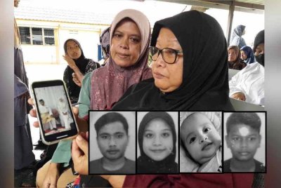 Masanah (kanan) menunjukkan gambar anak, menantu dan cucu mereka yang terlibat kemalangan di Jalan Batu 3, Kota Tinggi. Gambar kecil: Aieman Azriq, Nurul Fazilah, Aryan Khalif dan Mohd Rasyid
