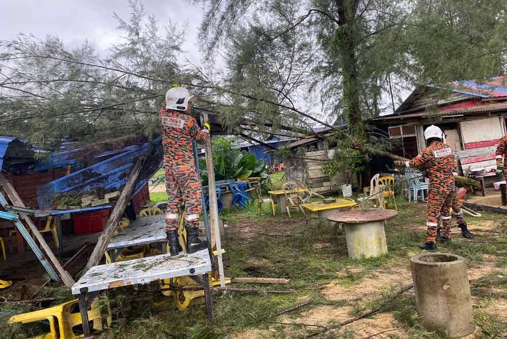 Keadaan pokok tumbang menyebabkan kerosakan rumah. Foto JBPM