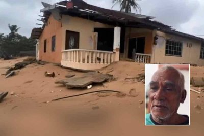 Sebanyak 16 penduduk daripada lima keluarga di Kampung Geliga Baru di sini tidak dapat tidur lena memikirkan keadaan rumah mereka yang dibadai ombak susulan fenomena air pasang besar dan angin kencang pada Sabtu malam. Gambar kecil: Ibrahim