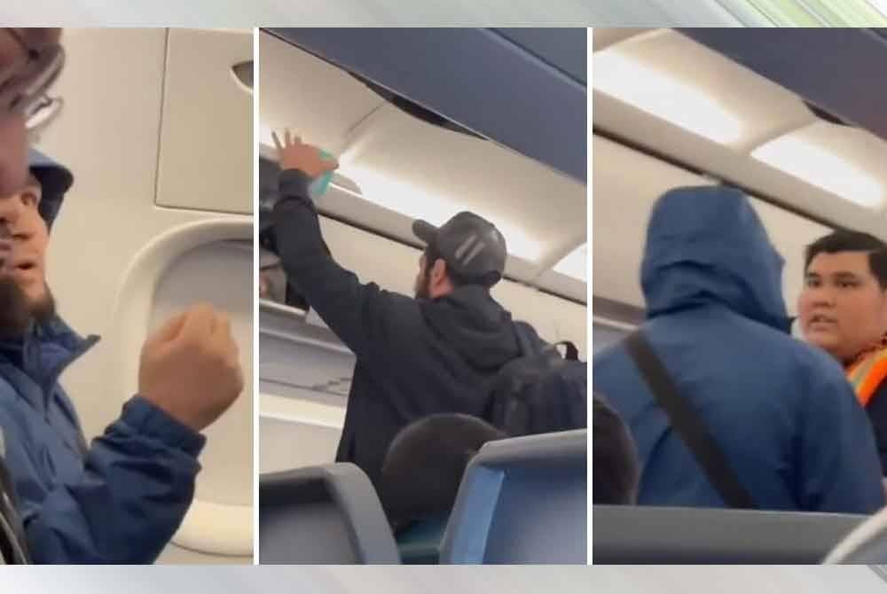 Khabib (jaket biru) dan Islam Mamedov diarah keluar daripada pesawat Frontier Airlines.