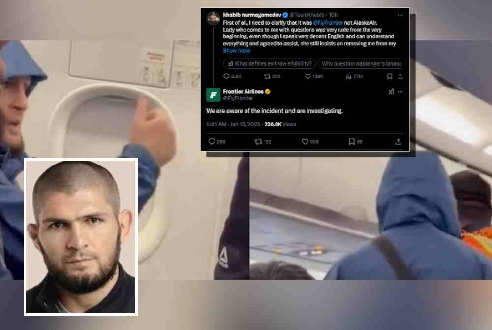 Khabib Nurmagomedov (gambar kecil), dihalau dari penerbangan Frontier Airlines selepas terlibat dalam pertikaian dengan kru kabin mengenai tempat duduk di barisan keluar kecemasan.