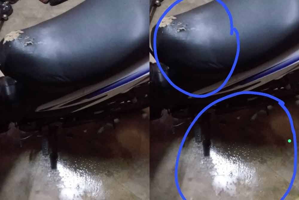 Kesan tumpahan minyak tanah yang disyaki akibat perbuatan suspek.