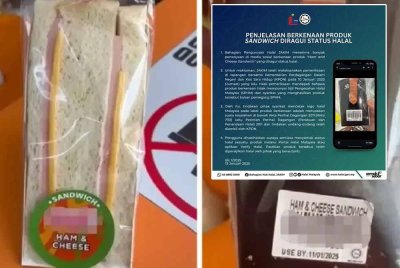 Sandwic dijual di UM sah tiada sijil halal. Gambar kecil: Hantaran dimuat naik Jakim pada Isnin.