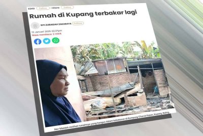Laporan Sinar Harian mengenai kejadian kebakaran terbaharu berlaku pada Ahad di Kampung Charuk Kapas, Kupang, Baling.
