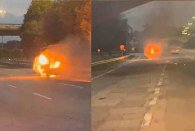 Lori dipandu seorang lelaki warga emas terbakar dalam kejadian di Kilometer 38 Lebuhraya Putrajaya-Cyberjaya di sini pada Isnin.
