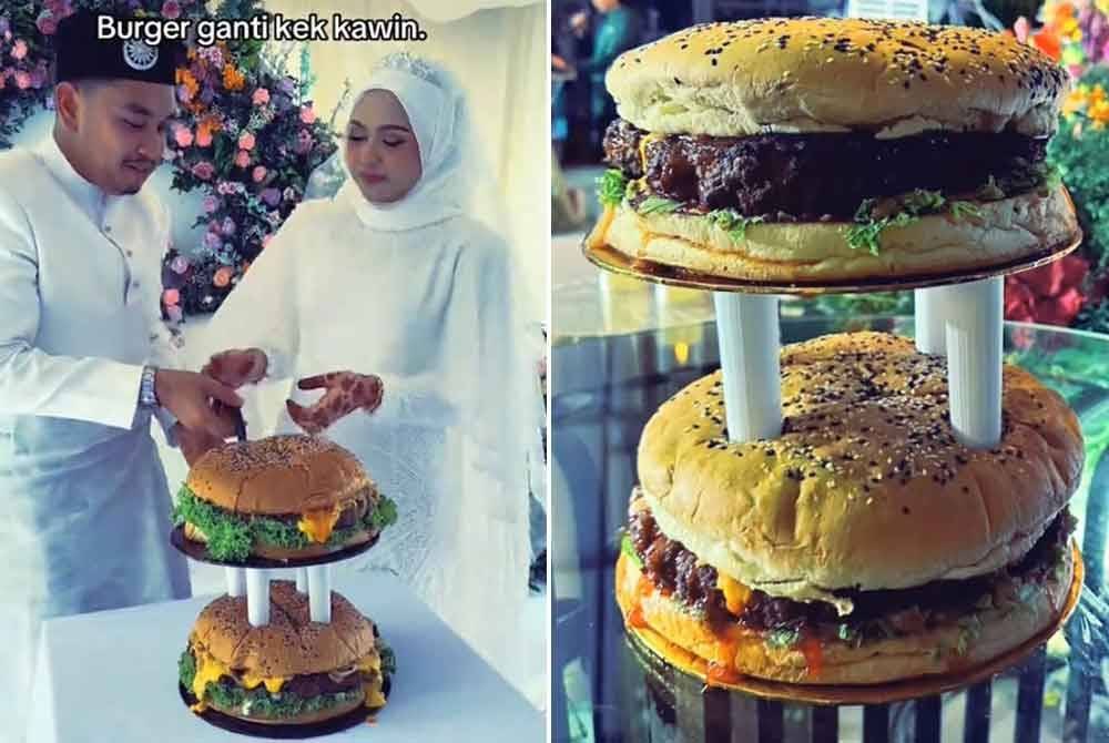 Sepasang suami isteri memilih burger bersaiz besar seberat satu setengah kilogram (kg) sebagai pengganti kek yang dihidangkan di majlis perkahwinan mereka.