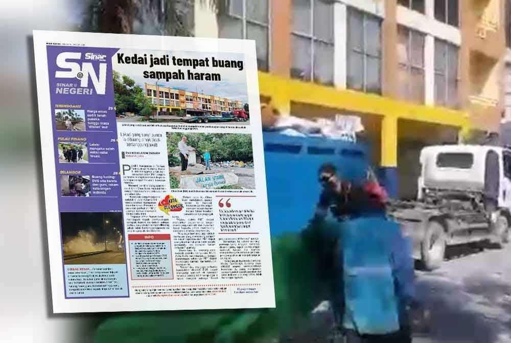 MBSJ dan KDEBWM membersihkan tapak pembuangan sampah haram di Taman Perindustrian Puchong Utama, Subang Jaya, pada Selasa. Gambar kiri: Laporan Sinar Harian berhubung isu berkenaan.