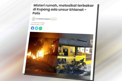 Keratan berita insiden kebakaran membabitkan motosikal yang kerap dilaporkan berlaku dalam kawasan DUN Kupang sejak Disember lalu.