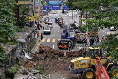 Petugas DBKL giat melakukan kerja-kerja memotong dan mengalihkan pokok tumbang di Jalan Pudu yang berlaku kira-kira 10 pagi Khamis. Foto Bernama