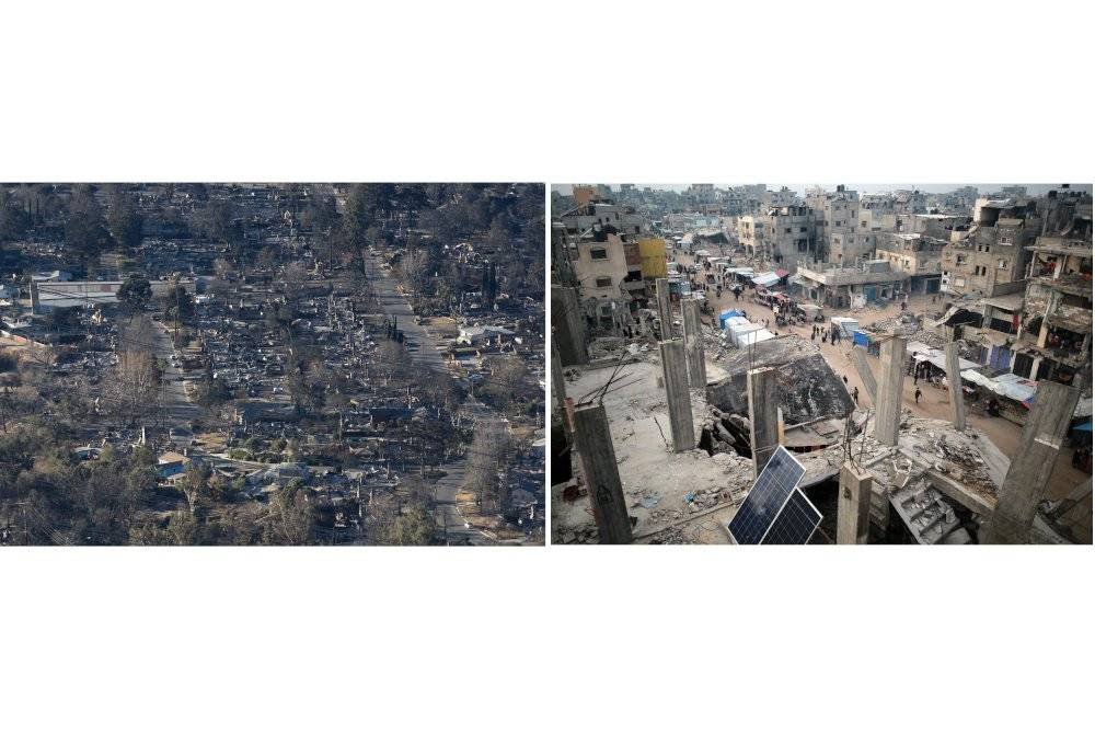 Kediaman yang musnah dijilat api di Altadena. (Kanan: Sebahagian besar struktur di Gaza musnah dibedil Zionis sepanjang tempoh 15 bulan lalu.)