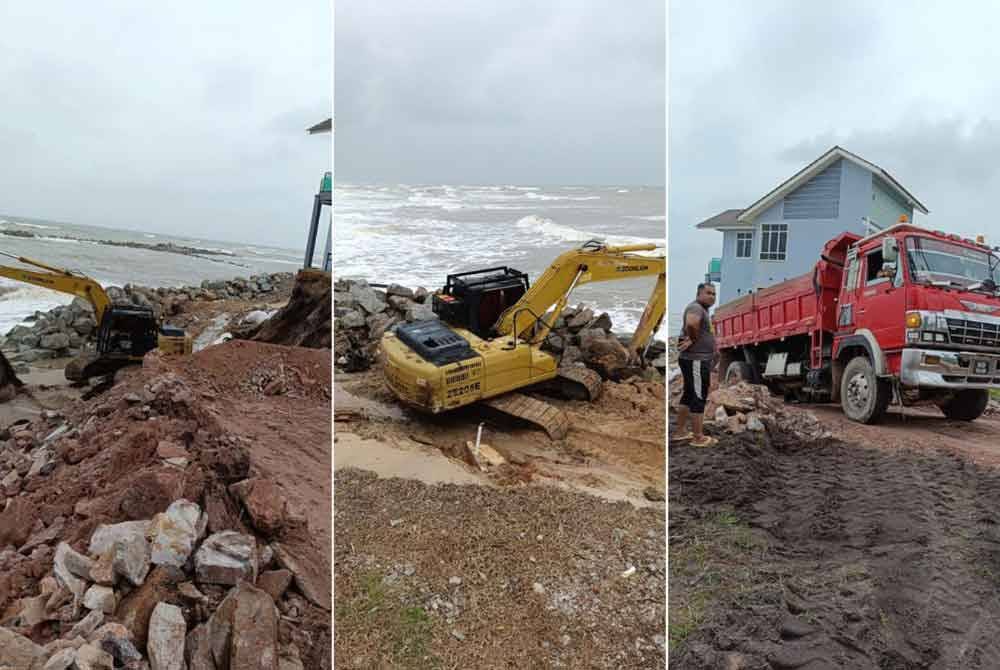 Kerja-kerja membina benteng sementara bagi menghalang ombak besar daripada terus membadai kediaman milik Mihd Yazit