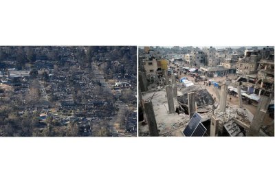 Kediaman yang musnah dijilat api di Altadena. (Kanan: Sebahagian besar struktur di Gaza musnah dibedil Zionis sepanjang tempoh 15 bulan lalu.)