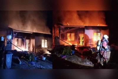 Tiga maut termasuk seorang kanak-kanak apabila kediaman mereka di Kampung Oren, Ulu Tiram terbakar dalam kejadian awal pagi Jumaat. - Foto: JBPM