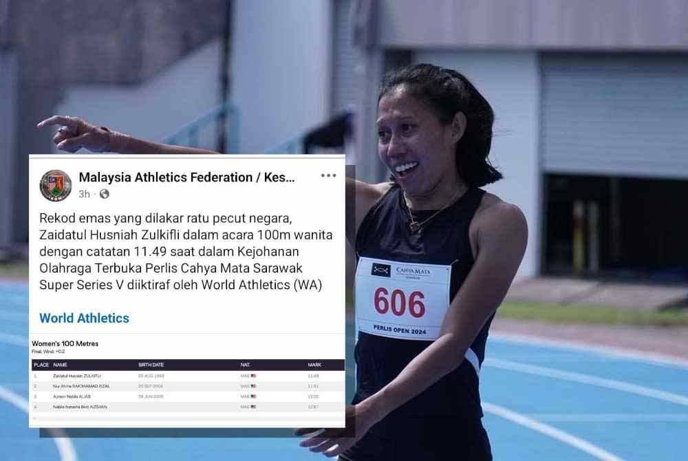 Zaidatul meluahkan rasa syukur di atas pengiktirafan rekod kebangsaan dalam acara 100m. Foto Agensi