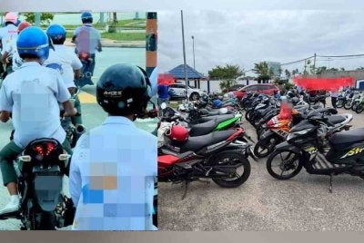 Gara-gara mengganggu ketenteraman awam dengan membuat bising di jalanan, sekumpulan pelajar lepasan SPM termasuk yang dikesan menconteng pakaian seragam ditahan polis. Antara 45 buah motosikal disita dalam Ops Samseng Jalanan yang dijalankan sekitar Marang pada Khamis. Foto Ihsan Polis