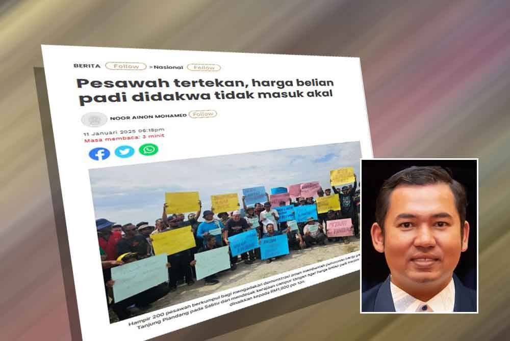 Laporan Sinar Harian berhubung harga belian padi yang didakwa tidak masuk akal. Gambar kecil: Muhammad Najib