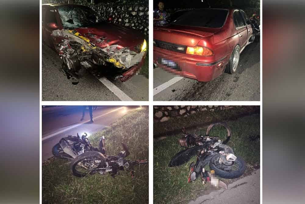 Motosikal ditunggang mangsa bertembung dengan kereta Proton Perdana V6. Foto PDRM